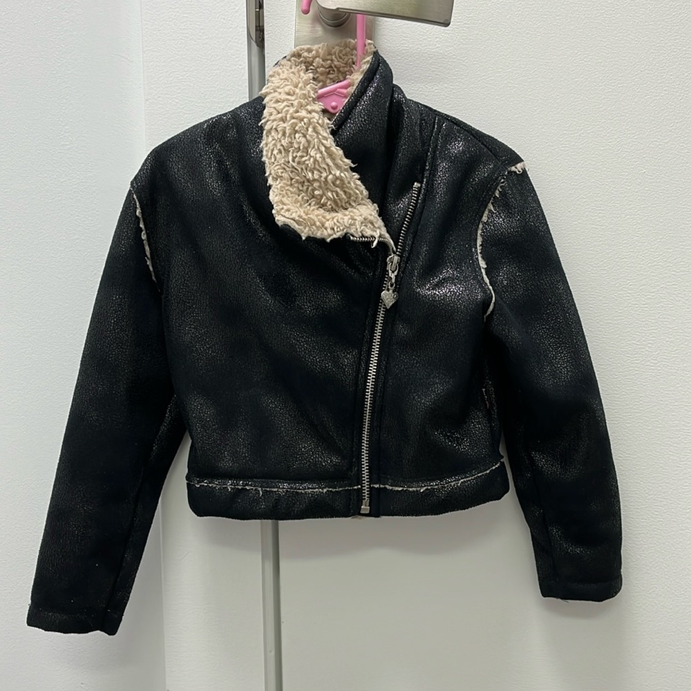 T2 Love Girls Faux-Leather Fuzzy Stylish Motorcycle Black Bomber Jacket 4